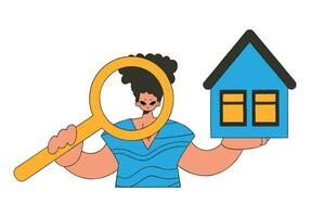 Male real estate agent holding a house and a magnifying glass. Selling and owning a house. vector