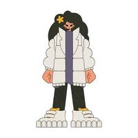 un niña en un largo gris camiseta y un beige chaqueta. vector