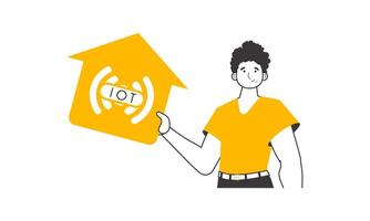 A man holds the IOT logo in his hands. Linear style. Isolated. Vector. vector