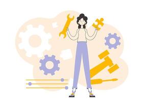 The girl is holding a wrench and a puzzle. Teamwork theme. Linear trendy style. vector