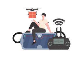 The concept of cargo delivery by air. A man controls a quadcopter with a package. Isolated. Vector illustration.