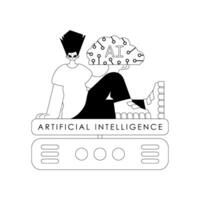 AI man and server in a line design, showcasing an AI theme vector