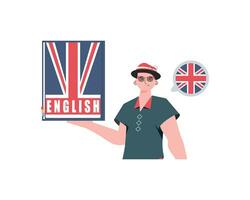 A man holds an English dictionary in his hands. The concept of learning English. Isolated. Trendy cartoon style. Vector illustration.