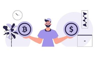 The concept of mining and extraction of bitcoin. A man holds a bitcoin and a dollar in the form of coins in his hands. Character with a modern style. vector