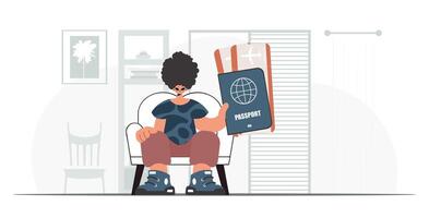 The individual holds a around the world id and dialog around tickets in his hands. The concept of rest and travel. Trendy style, Vector Illustration