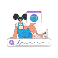 A woman sits on the search bar and holds a browser window in her hands. Search for information. Linear retro style character. vector