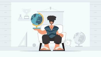 The person is holding a colossal globe, the subject of learning. Trendy style, Vector Illustration