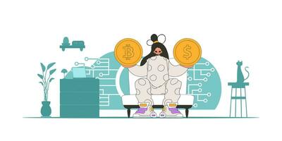 The girl is holding a coin of bitcoin and dollar. Cryptocurrency and fiat exchange theme. vector