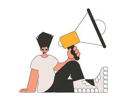 An attractive man sits on the floor and holds a megaphone in his hand. vector