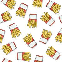 rápido comida sin costura modelo en un blanco antecedentes. francés papas fritas en papel caja icono vector ilustración