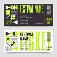 Festival Tickets template Neon design in Brutalist style. Swiss Bauhaus y2k mockup Coupon with primitive shapes pattern. vector