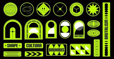 Neon Stickers y2k Brutalist design of geometric shapes. Swiss Bauhaus style Futuristic labels with basic figures, smile vector