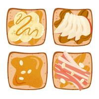 Open Peanut butter toasts with sliced apples, bananas, bacon. Sandwiches with oily topping on grilled square bread vector