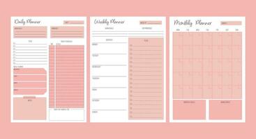 Monthly, weekly and daily planner templates set. Printable A4 sheets. Vector illustration