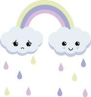 rainbow with kawaii clouds and rain on white background vector