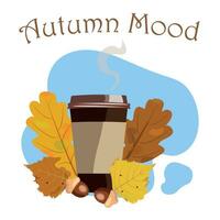 Autumn Mood Paper cup with hot coffee on the background of autumn leaves vector