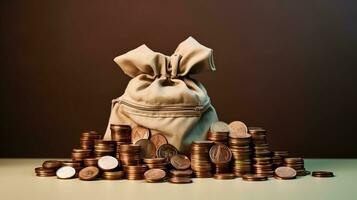 dinero, monedas, y un dinero bolso en un minimalista fondo, representando financiero éxito foto