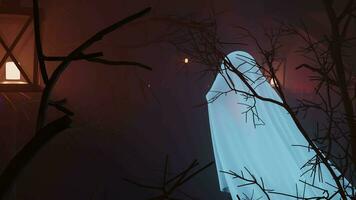 3d animation de une caméra panoramique par une foncé brumeux forêt Suivant le chemin à une fantôme et une mystérieux, effrayant endroit avec texte. vidéo backgorund video