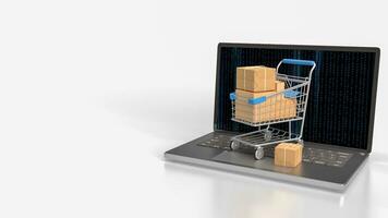 The trolley and box on notebook for e commerces concept 3d rendering photo