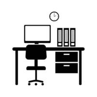 Workplace with work chair, table and PC. office interior silhouette design. vector