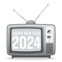 Vintage black and white television showing Happy New Year 2024 flat design. Happy New Year greeting card template. png