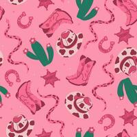 Trendy pink seamless pattern with cowboy boots, snakes, hats, cacti. Vector graphics.