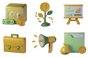 Set of Business items with an yellow theme. Isolated on alpha background. 3D illustration. High resolution png