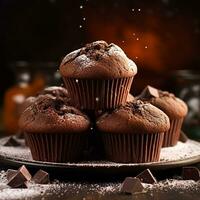 Chocolate cakes, muffins or cupcakes, baked in a bakery holiday sweet food recipe idea, generative ai photo