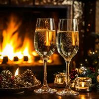 Sparkling wine, proseco or champagne in front of a fireplace on a holiday eve celebration, Merry Christmas, Happy New Year and Happy Holidays photo