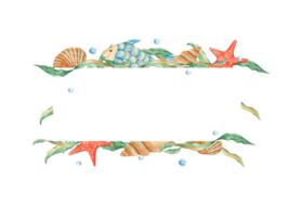 Sea horizontal frame, cute fish, seashells, seaweeds, red sea star and blue water bubbles. Marine design. Watercolor hand drawn illustration. For cards, logos, baby shower, banners, cosmetic design. png