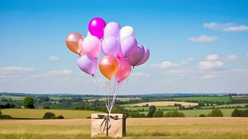 postal servicio, tienda entrega y en línea compras, volador globos que lleva un paquete o empaquetar caja en el campo en un soleado día, generativo ai foto