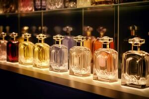 Luxury fragrance bottles at perfume scent at presentation event, bespoke perfumery and beauty product sale, generative ai photo