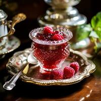 Raspberry jam and raspberries in a crystal bowl, country food and English recipe idea for menu, food blog and cookbook photo