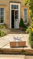 Elegant gift shop delivery, postal service and luxury online shopping, parcel box with a bow on a house doorstep in the countryside, generative ai photo