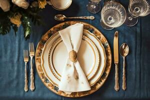 Elegant dinner table setting arrangement in English country style as flatlay tablescape, folded napkin on a serving plate, tableware and holiday table decor, generative ai photo