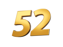 Gold number 52 Fifty two shiny 3d number made of gold 3d illustration png