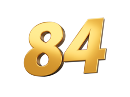 Gold number 84 Eighty four shiny 3d number made of gold 3d illustration png