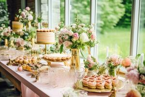 Wedding buffet table, event dessert food catering for wedding, party and holiday celebration, cakes, sweets and desserts in a country garden, generative ai photo