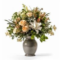 Beautiful bouquet of blooming flowers in a vintage vase isolated on white background, country style home decor and interior design, generative ai photo