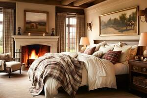 Bedroom decor, interior design and holiday rental, classic bed with elegant plush bedding and furniture, English country house and cottage style photo