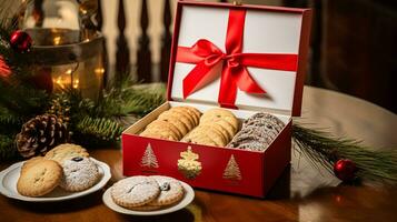Navidad galletas, fiesta galleta regalo caja y hogar hornea, invierno Días festivos presente para Inglés país té en el cabaña, hecho en casa Mantecada y horneando receta foto