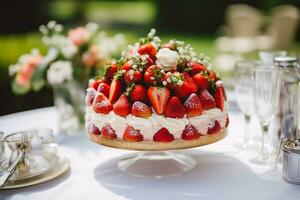 Strawberry cake for wedding, birthday and party celebration, holiday dessert event food catering, country cottage style, generative ai photo