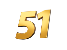 Gold number 51 Fifty one shiny 3d number made of gold 3d illustration png