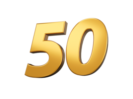 Gold number 50 Fifty shiny 3d number made of gold 3d illustration png