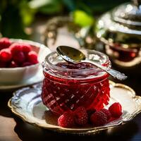 Raspberry jam and raspberries in a crystal bowl, country food and English recipe idea for menu, food blog and cookbook photo