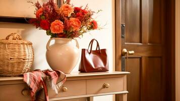 Autumnal hallway decor, interior design and house decoration, welcoming autumn entryway furniture, stairway and entrance hall home decor in an English country house and cottage style photo