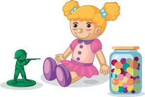 baby toys a doll ball jar and army man vector