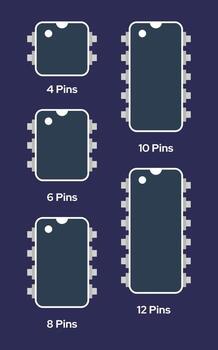 Vector chip icons in a flat style, featuring isolated integrated circuits against a dark background.