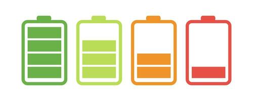 Battery charge level indicator. Set of colorful battery charge indicators. Vector illustration