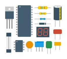 Electronic components sets. Microchips, capacitors, resistors, fuse, and more. Vector illustration